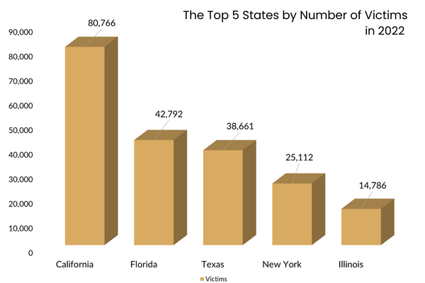 Chart graph of the top 5 states by number of Victims in 2022